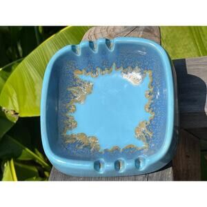 Vintage Ceramic Pottery Square Ashtray. USA 3580. Blue.Gold. Smoker. Bar Decor
